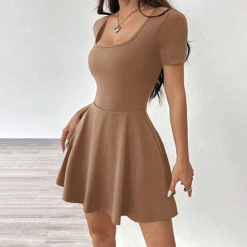 Women Square Neck Short Sleeve Ruffle Hem A-Line Dress