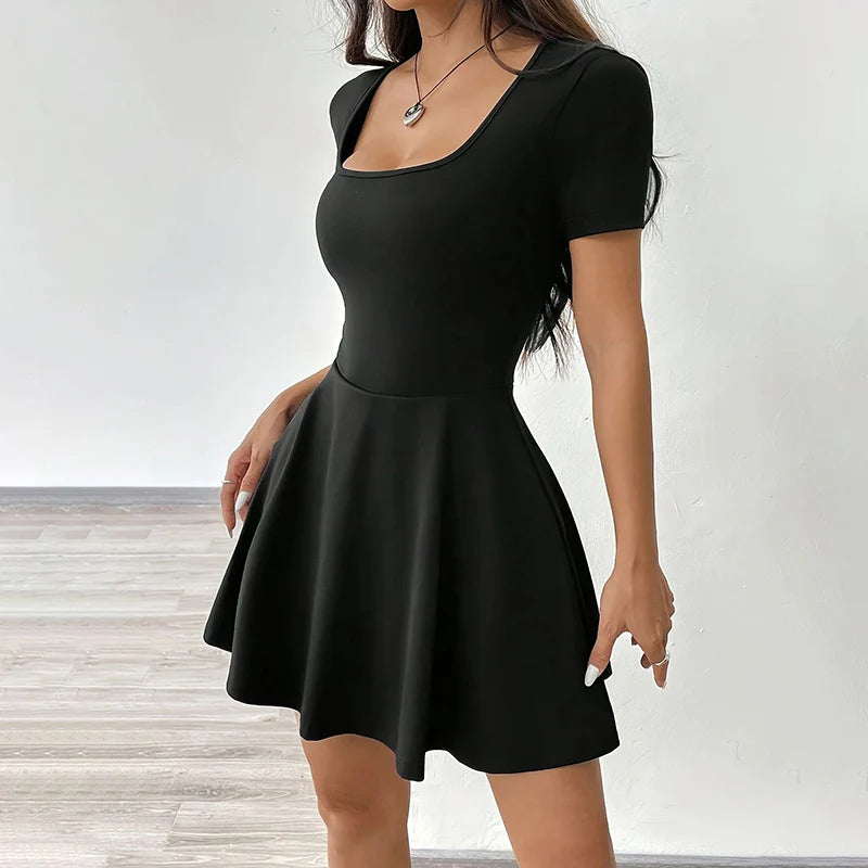 Women Square Neck Short Sleeve Ruffle Hem A-Line Dress